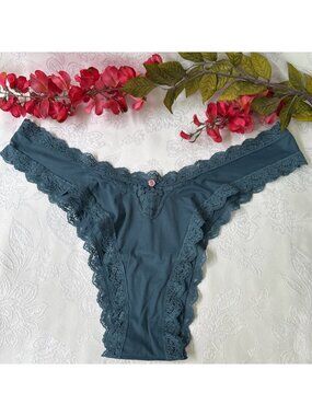 VICTORIA'S SECRET XL SILKY GREEN W LACE HI LEG BRAZILIAN THONG PANTIES NWT